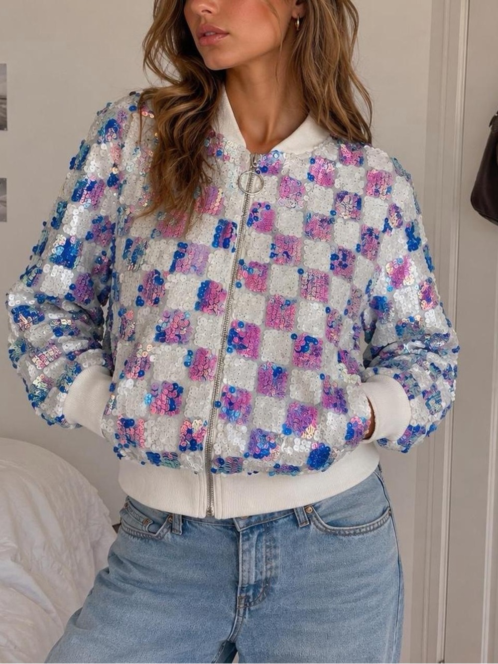 Forever 21 White Sequin Bomber Jacket Multicolor Embellished Small